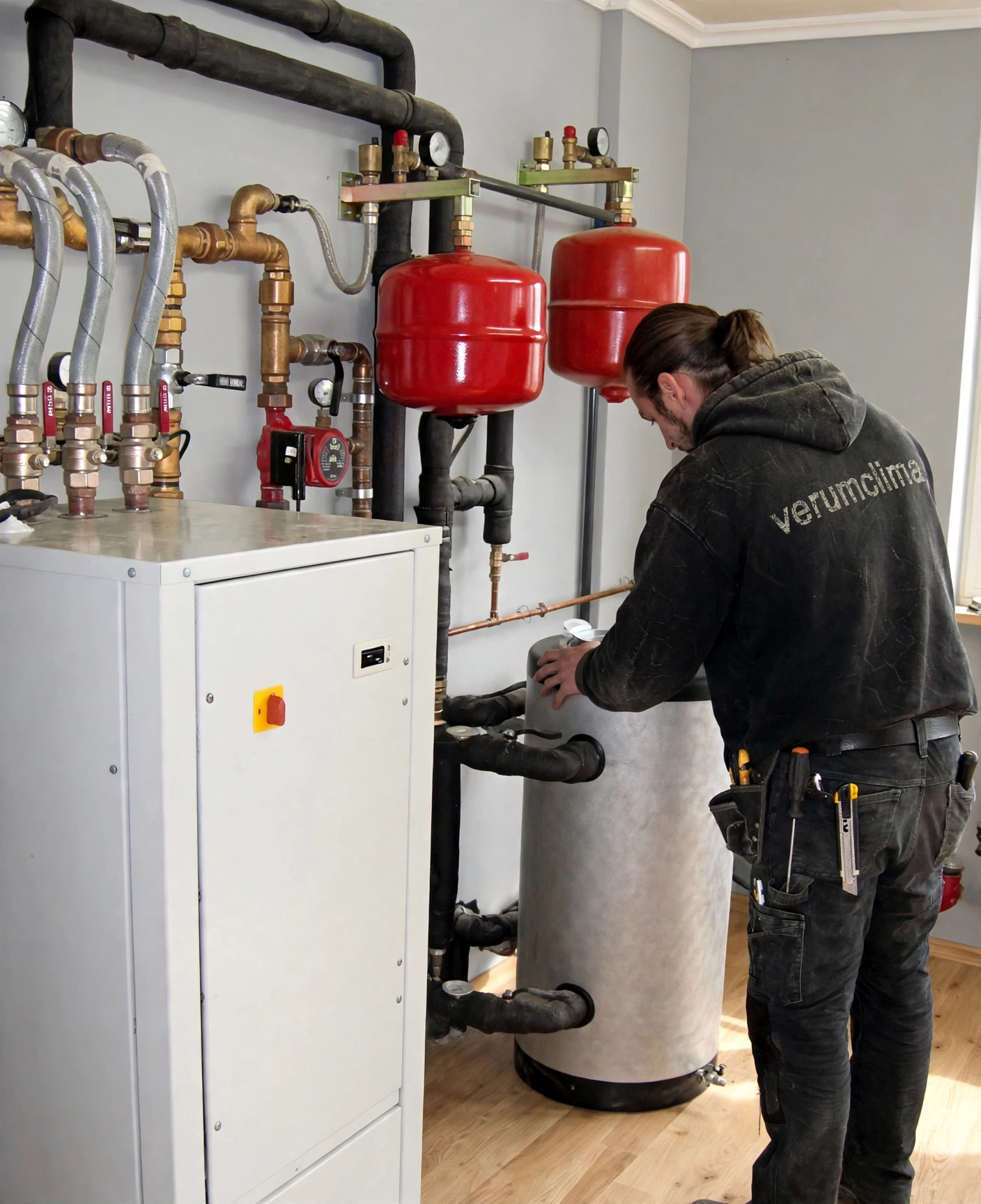 Técnico de Verum Clima instalando un sistema de aerotermia en Almenar