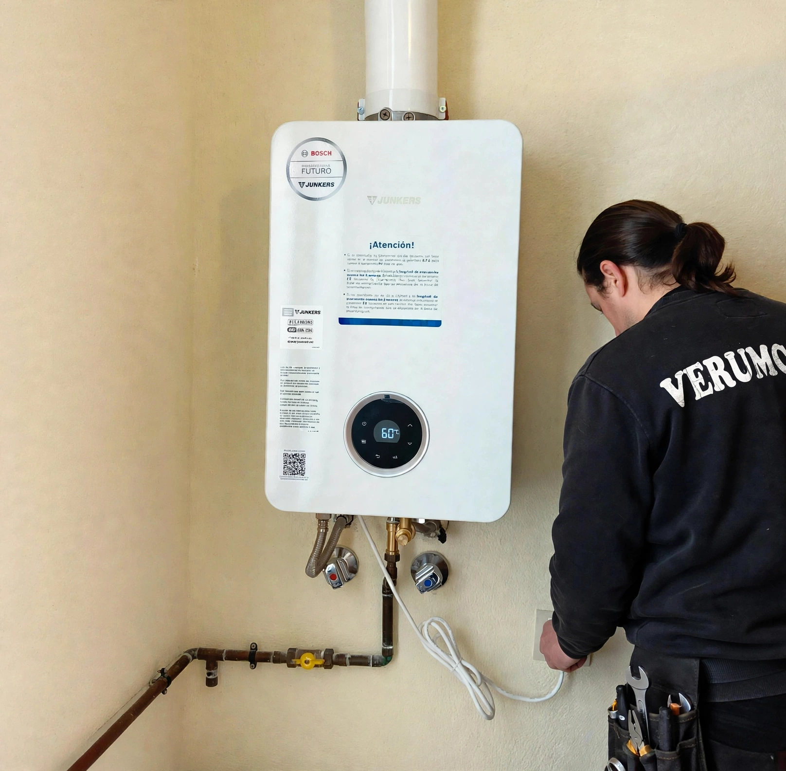 Técnico de Verum Clima instalando una caldera en Lleida